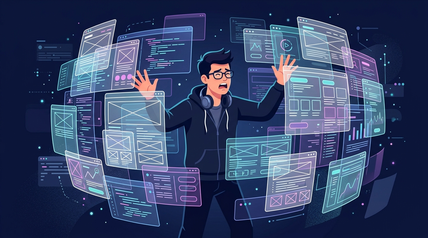 A person surrounded by many overlapping translucent floating windows (code, chat, browser) they're trying to hold together.
