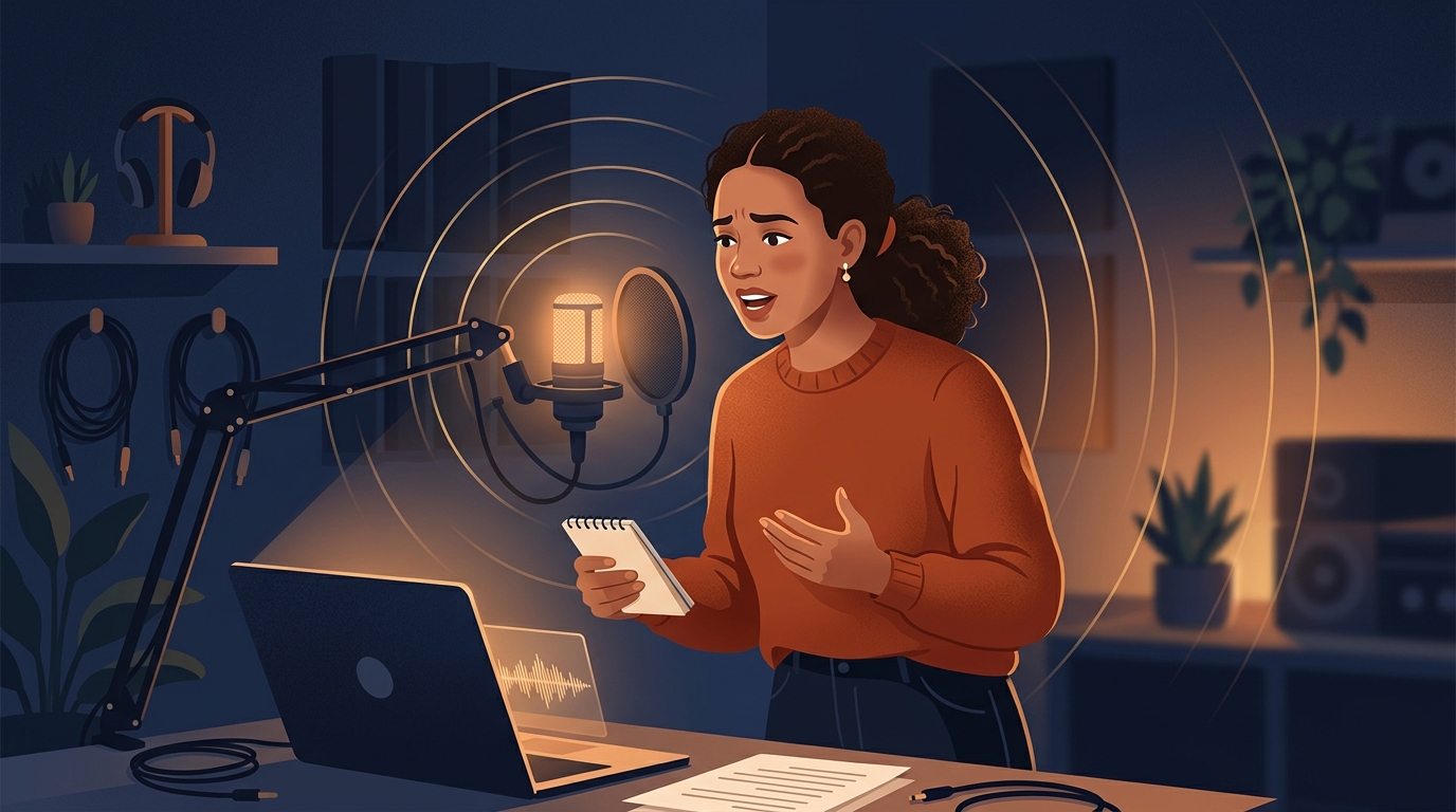 A person mid-sentence practicing aloud to a softly glowing microphone, subtle sound-wave rings.