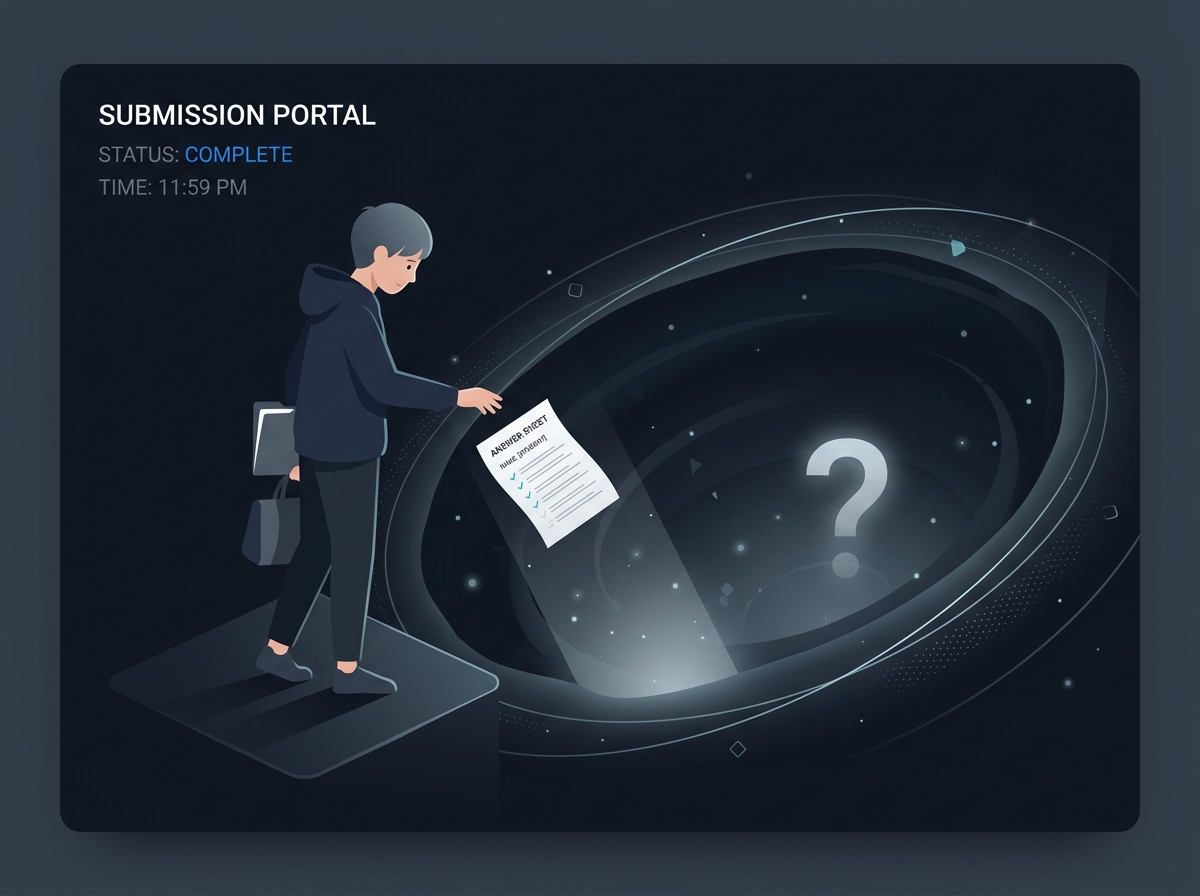 Illustration of a learner submitting work into a void with no correction or feedback returning