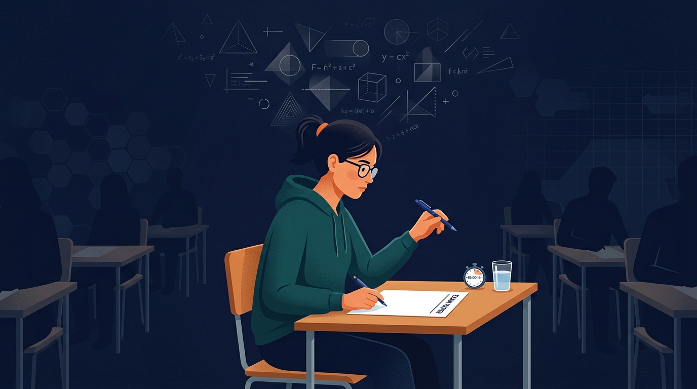 A student at an exam desk, pen hovering over a blank sheet, faint ghosted remembered text fading away above them.