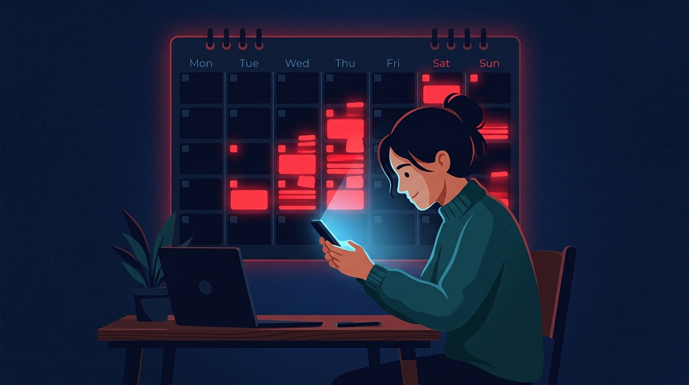 A person distracted by phone/notifications while a calendar behind them shows deadlines quietly stacking up in warm red.