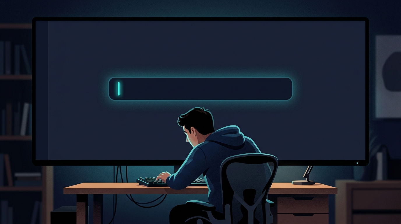 A person staring at a single blinking cursor in a wide empty input field that dominates the frame.