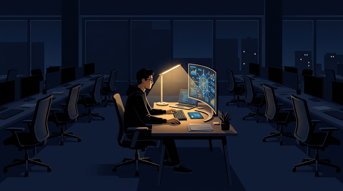 A single person at a desk late at night, one lamp, a hard glowing equation in front of them, empty chairs around.