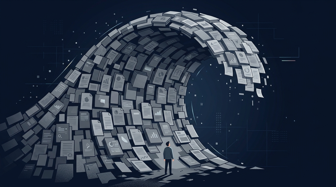 A small human dwarfed by a towering wall of gray text that curves overhead like a wave.