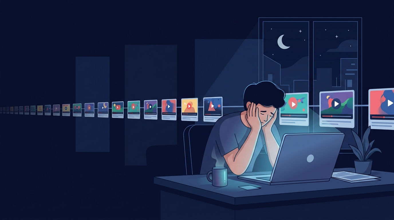 A tired person slumped at a desk at night, a long endless progress bar of video thumbnails stretching off-screen behind them, dim blue glow.